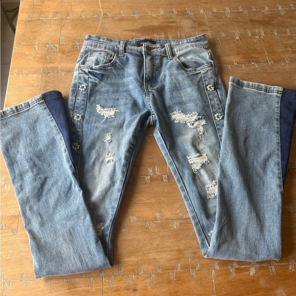 Light Blue Distressed Flare Jeans with Navy Hem Panels